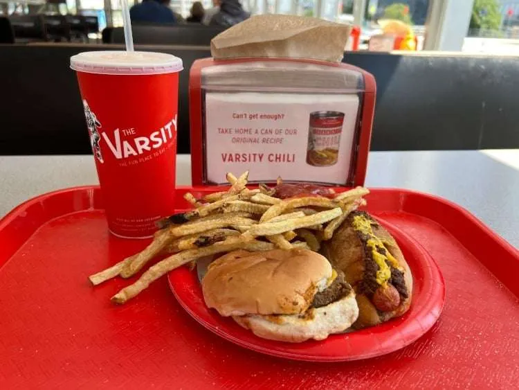 Hot dog, cheese burger and fries at the Varsity restaurant