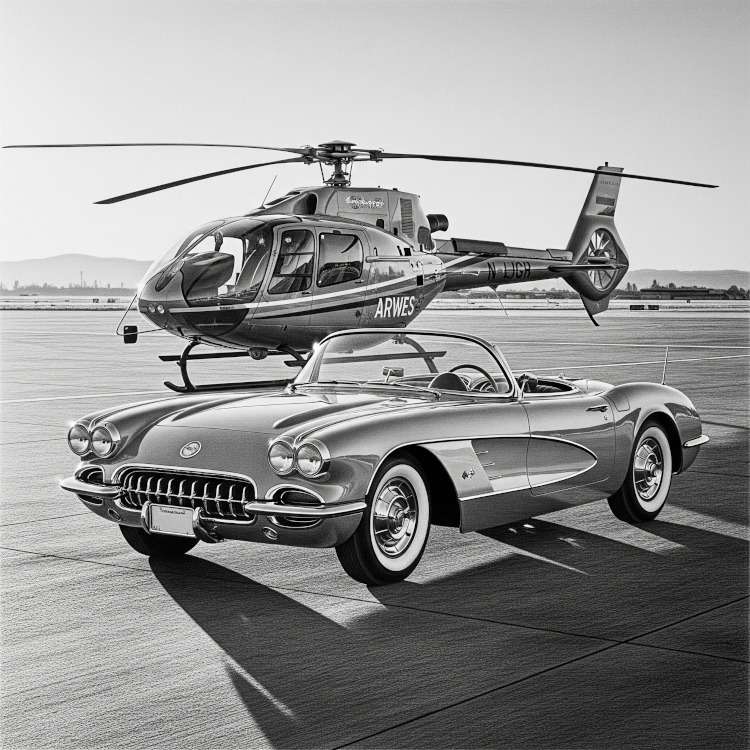 A dynamic black and white pencil drawing of a helicopter and a vintage Corvette. Vettes of Atlanta Magazine.
