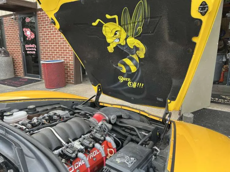 Interior view of an open yellow Chevrolet Corvette C6 engine bay, revealing custom-painted underhood liner art featuring a yellow hornet mascot and the text "Buzz Off!!!", above an LS V8 engine with red valve covers.