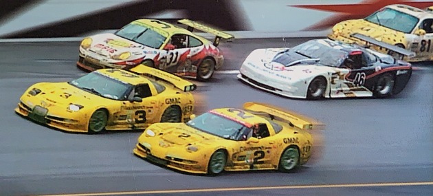 2001 Rolex 24-Hours at Daytona finish line photo with two C5.R yellow racing cars