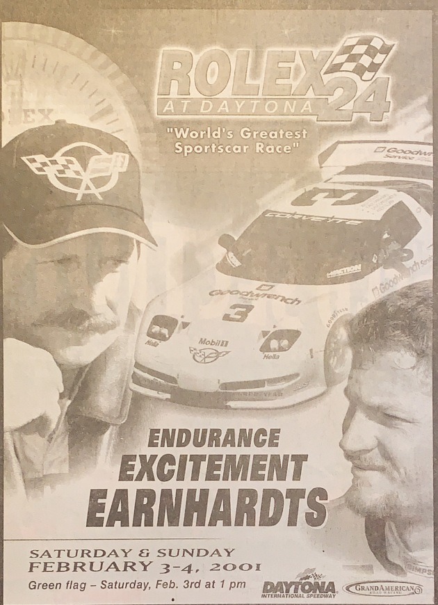 Advertisement featuring Dale Earnhardt Sr and Jr. for the 2001 Rolex 24 hours of Daytona