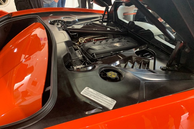 Sebring Orange C8 Corvette engine bay with targa top