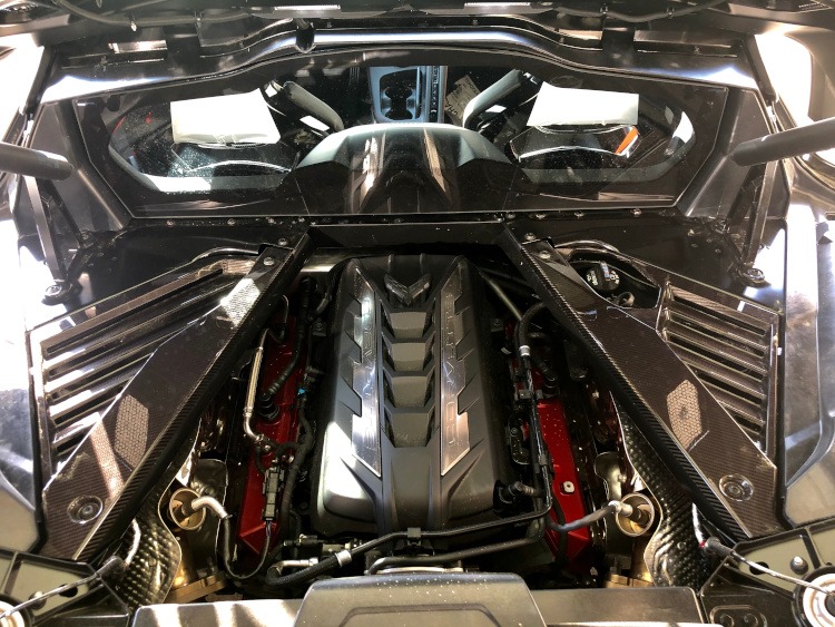 Engine compartment of the C8 mid-engine Corvette