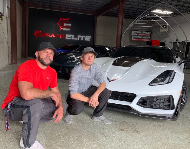 Owner of Ceramic Elite, Joey Bourassa with Corbin a detailer beside a ZR1 Corvette