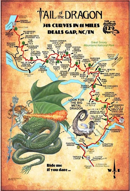 Colorful metal sign showing the route of the Trail of the Dragon