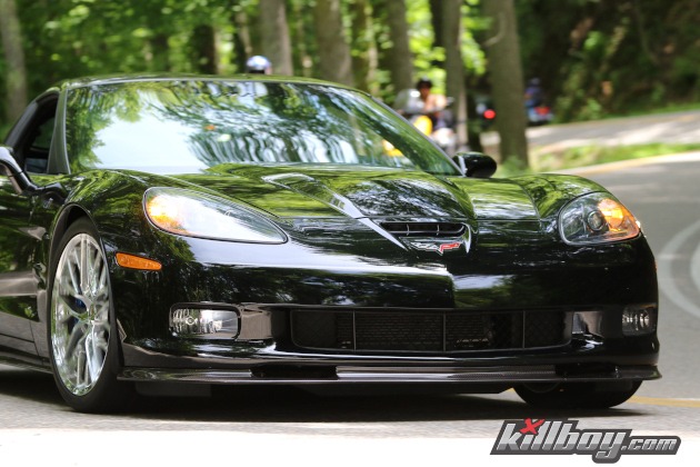 Black C6 Corvette coupe up close