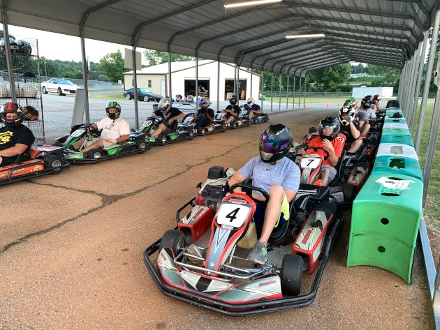 karts lined up to start race at Lanier Raceplex