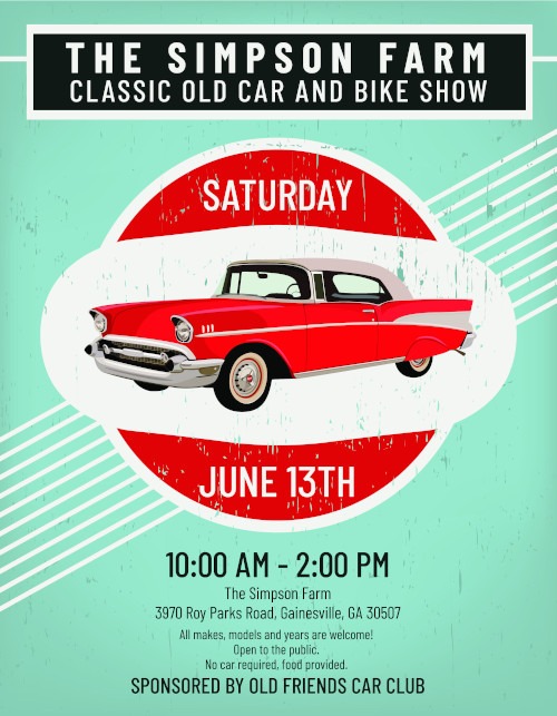 Vintage style sign for the Simpson Farm classic old car and bike show