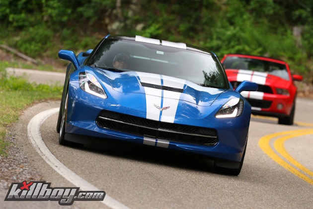 Blue Corvette C7 with white racing stripe