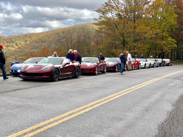 Row of Corvettes parked along side the road