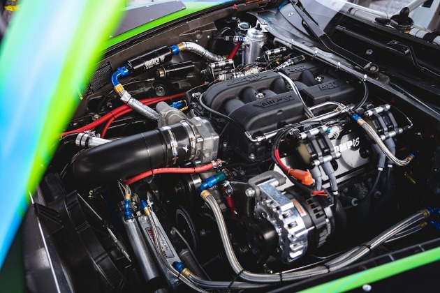 Engine bay of the DroneWorks Trans-Am race car