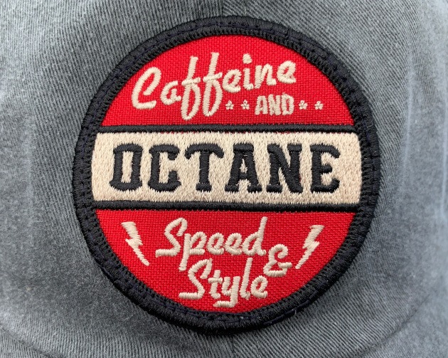 Multi colored Caffeine and Octane logo stitched