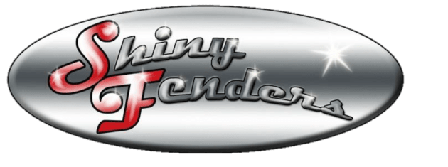 Oval Shiny Fenders business logo with words in silver, black and red