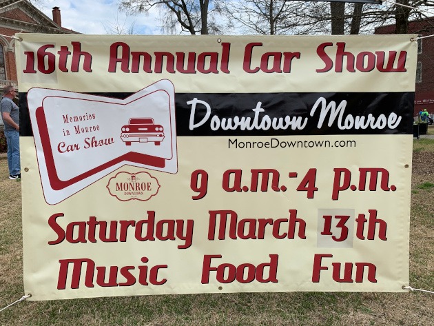 Downtown Monroe car show banner. 16th annual on March 13th, 2020