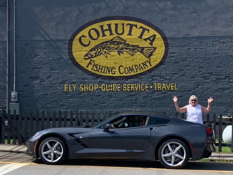 Seventh-generation 2014 Corvette in front of Cohutta Fishing Company Sign