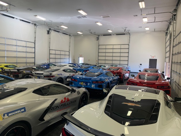Garage of Corvettes at the Ron Fellows Performance Driving School