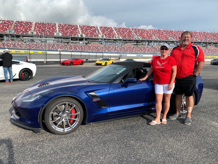Seven-generation Tension Blue Corvette convertible at the Talladega Superspeedway