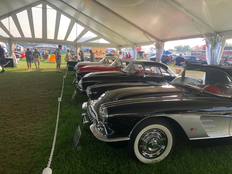First-generation Corvettes parked under a tent at Carlisle car show