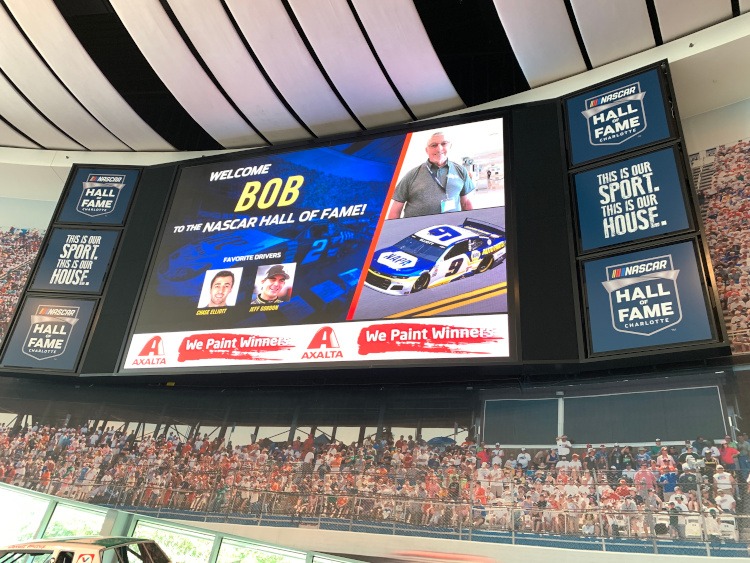 Jumbotron screen in the Great Hall of the NASCAR Hall of Fame.