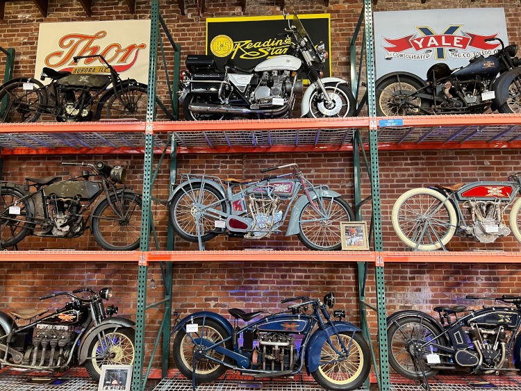 Three levels of vintage motorcycles at the Corker Museum