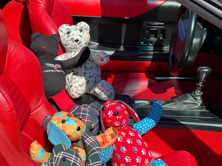 Stuffed comfort animals inside a red interior 1994 Corvette