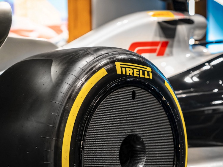 Close up of a Pirelli race tire