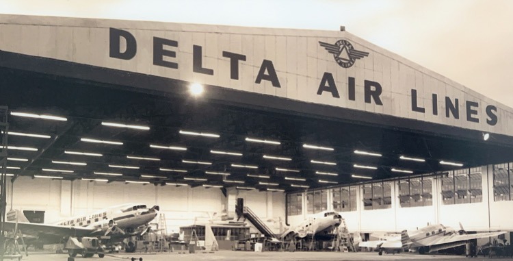 Black and white photo of the Delta Air Lines main hangar