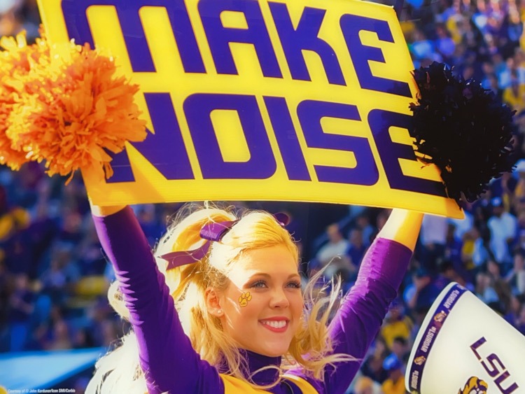 LSU cheerleader holding a sign to make noise