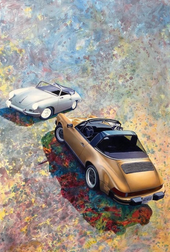 Two Porsche classic cars painted on canvas