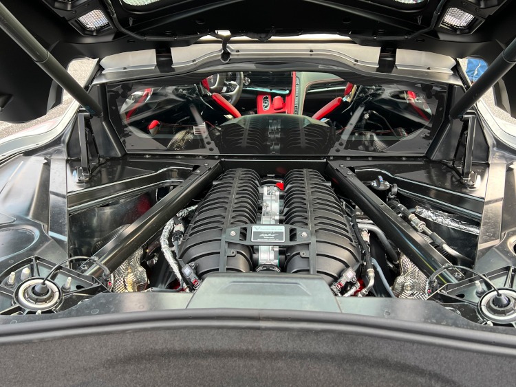The engine compartment of an eighth-generation Z06 Corvette.