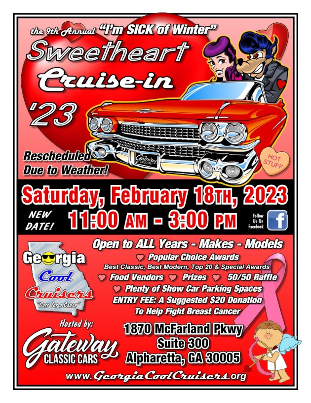 Event flyer for the Cool Cruisers Sweetheart Cruise-in