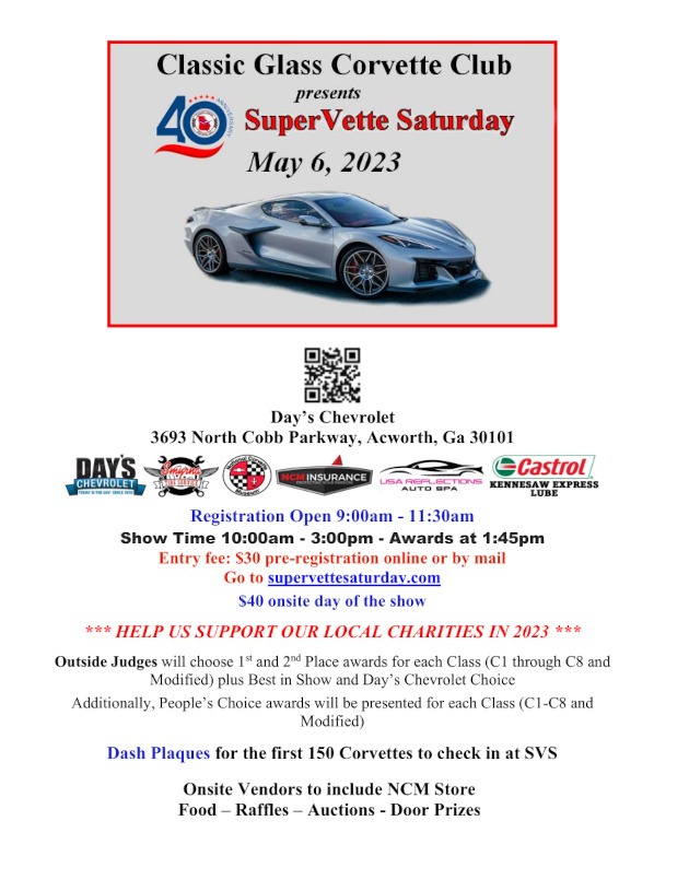 Flyer for the SuperVette Saturday car show on May 6th, 2023.