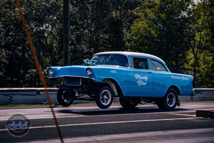 A classic car taking off at a drag strip in Calhoun, Ga.