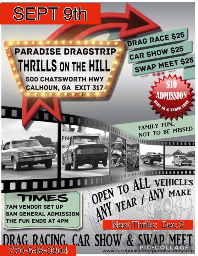 The promotion flyer for Paradise Dragstrip ub Caalhoun, GA.