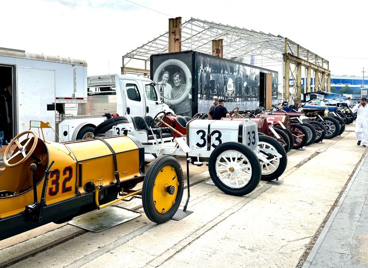 A row of vintage race cars.
