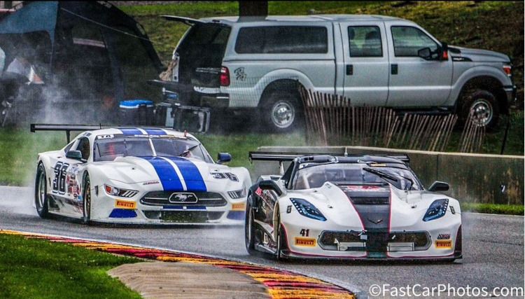 A Trans-Am Corvette leading a Mustang on a road course.