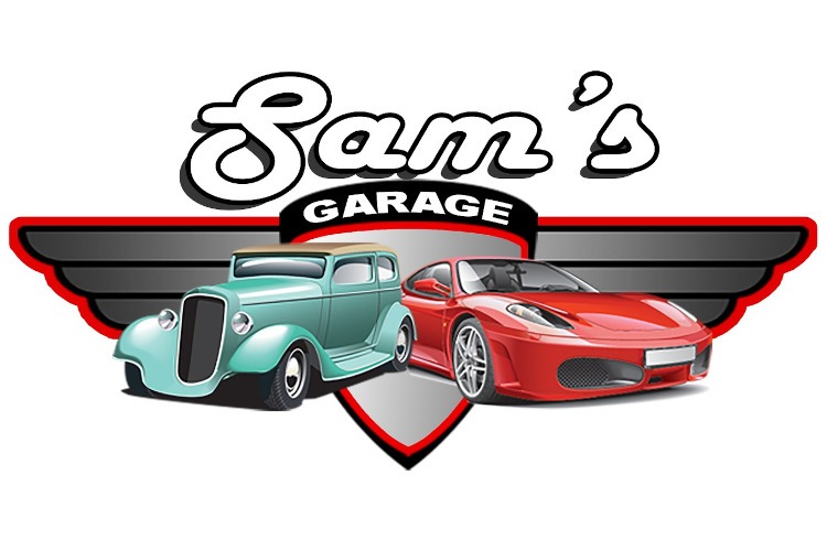 The logo for Sam's Garage with two cars.