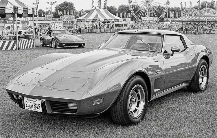 Third generation Corvette coupe parked at a county fair. Vettes of Atlanta Magazine.