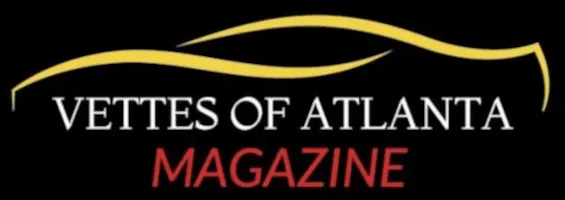 The logo for Vettes of Atlanta Magazine. Stylish outline of a Corvette. Done in stylish yellow, red, and white on a black background.